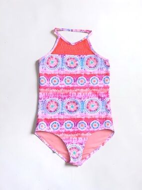 Girls One-Piece Swimsuit Size 7-8 | Halter Crochet Top | Boho l